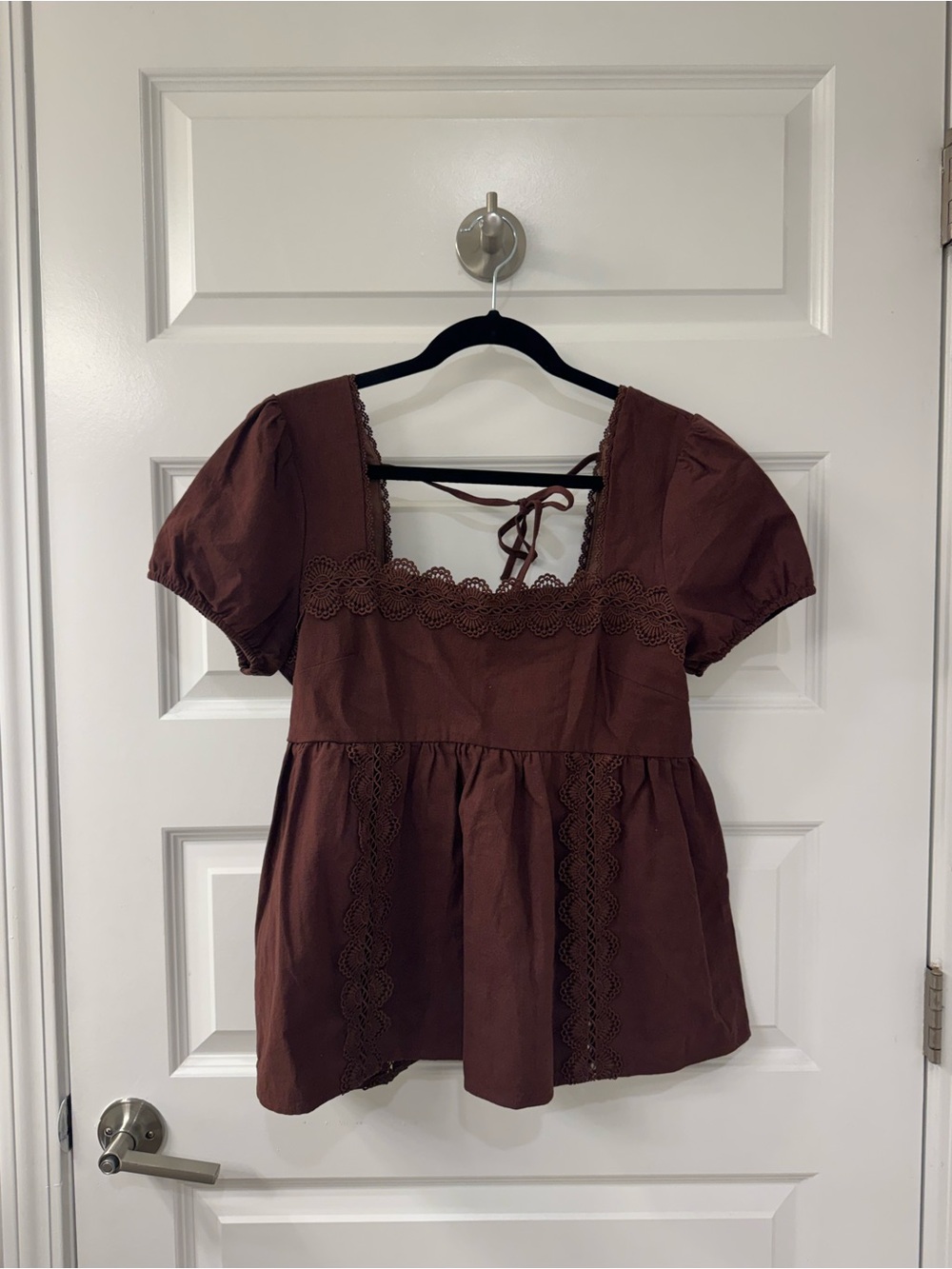 Altar'd State Chocolate Brown Lace-Trim Square Neck Blouse